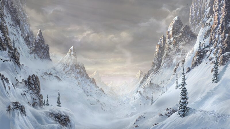 Snow-covered Mountain Valley — White, Dramatic, Winter, Digital Art, Mountains