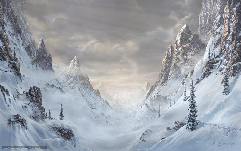 Snow-covered Mountain Valley — White, Dramatic, Winter, Digital Art, Mountains, Trees, Clouds