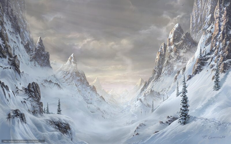 Snow-covered Mountain Valley — White, Dramatic, Winter, Digital Art, Mountains, Trees