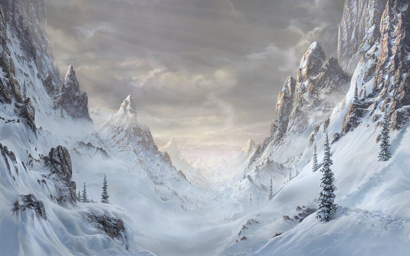 Snow-covered Mountain Valley — White, Dramatic, Winter, Digital Art