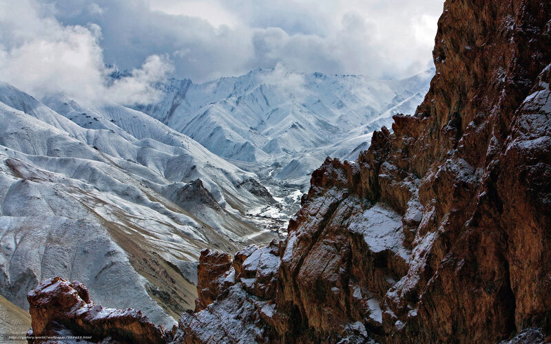 Snow-covered Mountain Valley — White, Dramatic, Winter, Photograph, Mountains, Clouds, River