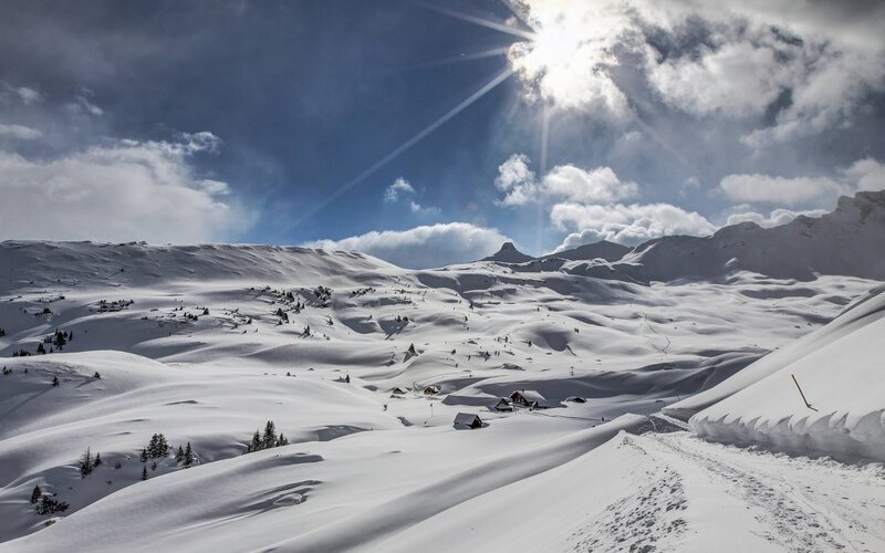 Snow-covered Mountain Valley — White, Dramatic, Winter, Photograph, Mountains, Huts