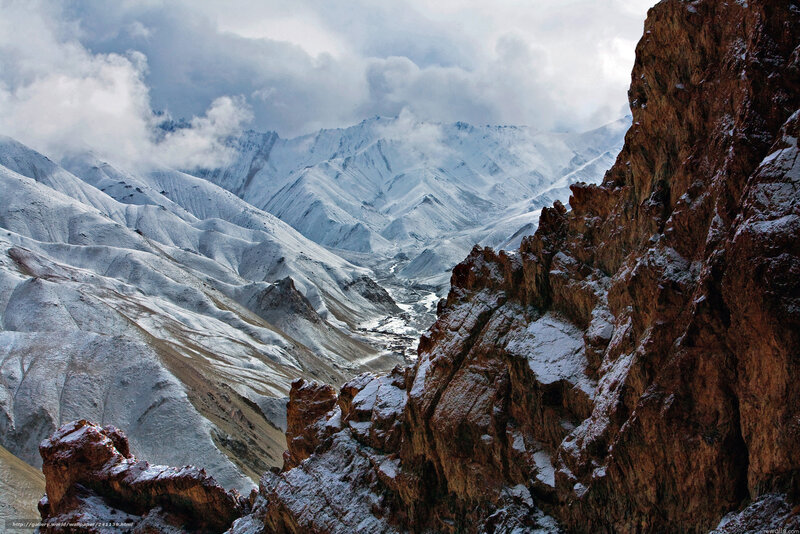 Snow-covered Mountain Valley — White, Dramatic, Winter, Photograph, Mountains, River, Clouds