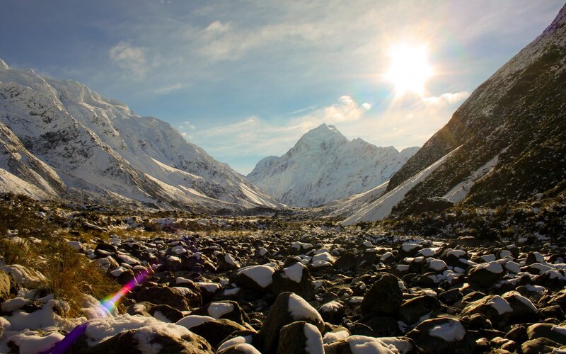 Snow-covered Mountain Valley — White, Serene, Afternoon, Photograph, Mountains, Rocks