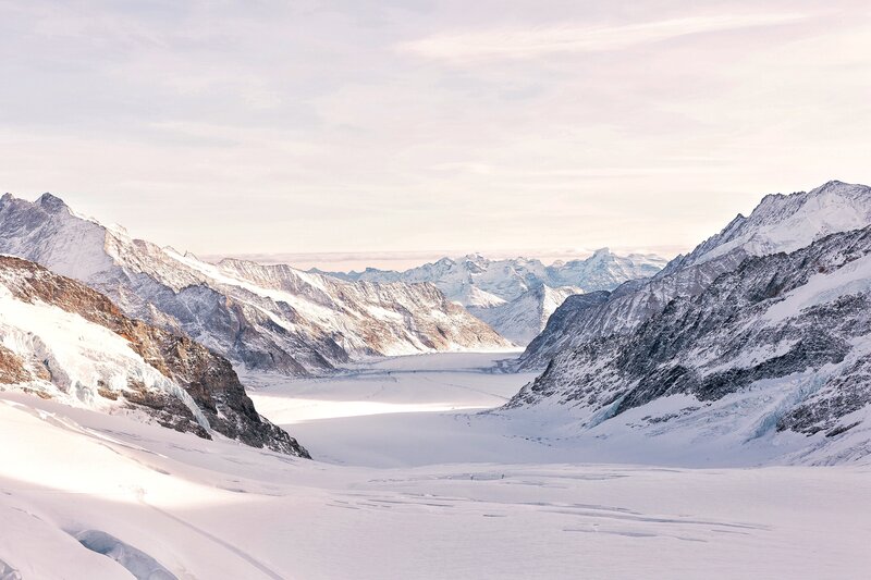 Snow-covered Mountain Valley — White, Serene, Winter, Photograph, Mountains, Glacier