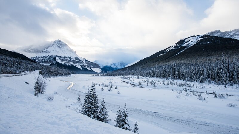 Snow-covered Mountain Valley — White, Serene, Winter, Photograph, River