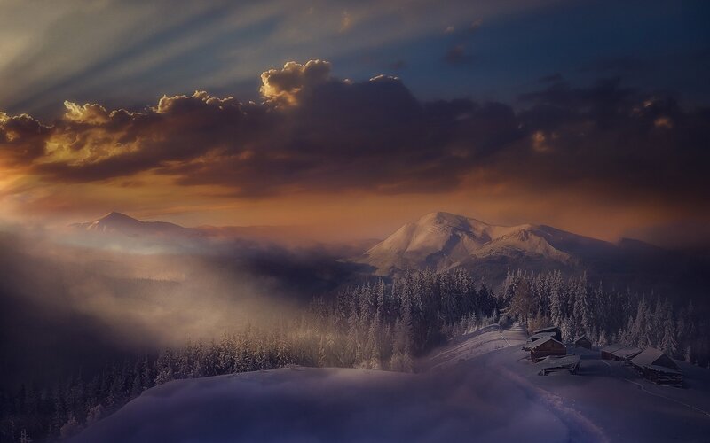 Snow-covered Mountain Village — Blue, Dramatic