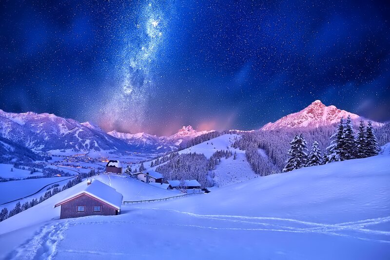 Snow-covered Mountain Village — Blue, Serene, Night