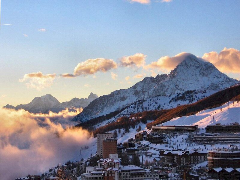 Snow-covered Mountain Village — Blue, Serene, Sunrise