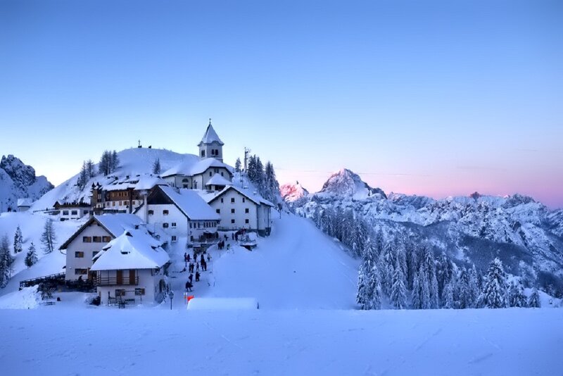 Snow-covered Mountain Village — Blue, Serene, Sunset
