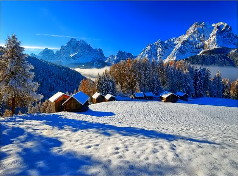 Snow-covered Mountain Village — Blue, Serene, Winter, Photograph, Cabin