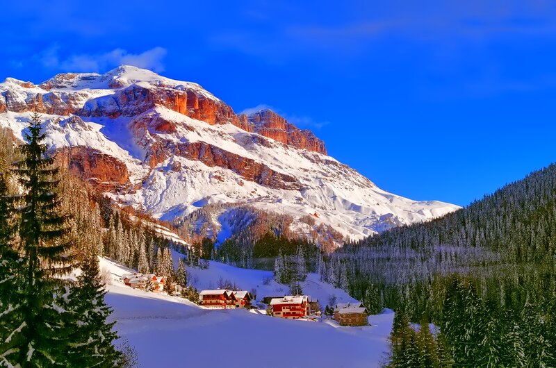 Snow-covered Mountain Village — Blue, Serene, Winter, Photograph, Forest