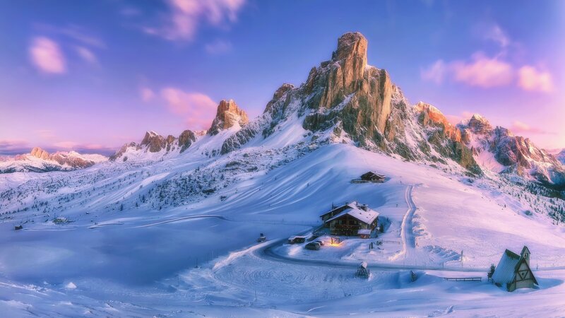 Snow-covered Mountain Village — Blue, Serene, Winter, Photograph, Mountain Peaks