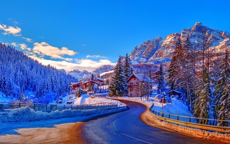 Snow-covered Mountain Village — Blue, Serene, Winter, Photograph, Mountains, Road
