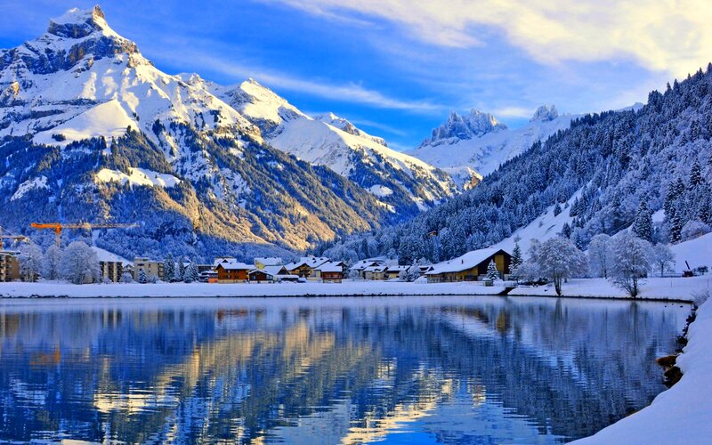 Snow-covered Mountain Village — Blue, Serene, Winter, Photograph, Mountains