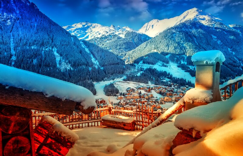 Snow-covered Mountain Village — Blue, Serene, Winter, Photograph, Mountains, Trees