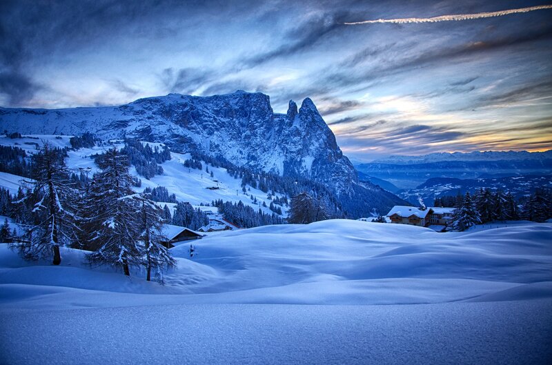 Snow-covered Mountain Village — Blue, Serene, Winter, Photograph, Trees