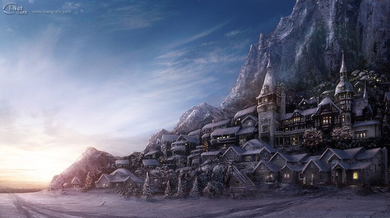 Snow-covered Mountain Village — Blue