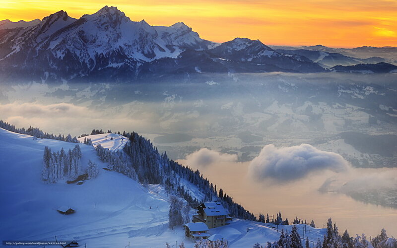 Snow-covered Mountain Village — Orange, Serene, Sunrise