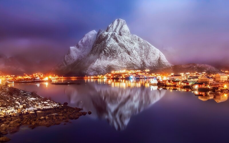 Snow-covered Mountain Village — Purple