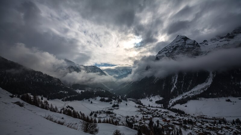 Snow-covered Mountain Village — White, Dramatic, Winter, Photograph