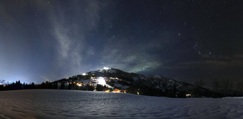 Snow-covered Mountain Village — White, Serene, Night, Photograph, Stars