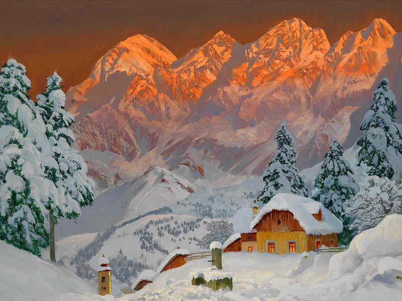 Snow-covered Mountain Village — White, Serene, Winter, Painting, Mountains