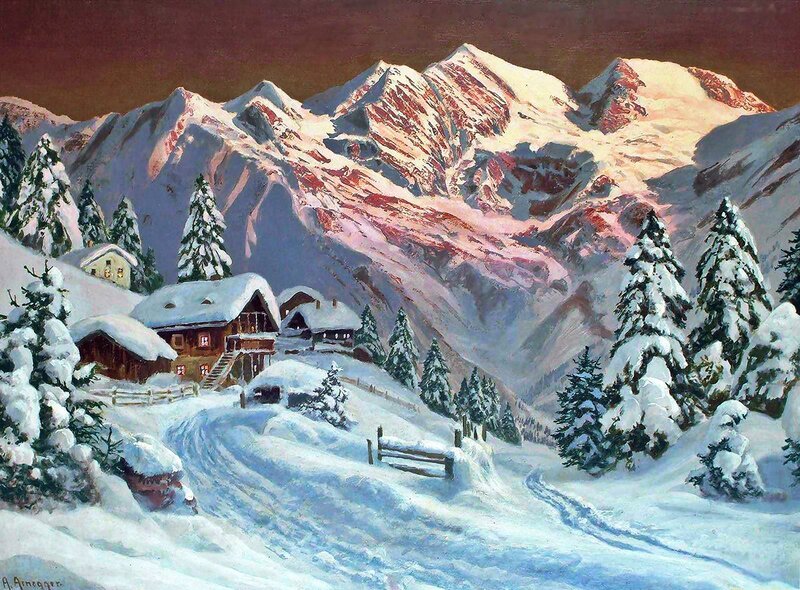 Snow-covered Mountain Village — White, Serene, Winter, Painting, Mountains, Trees