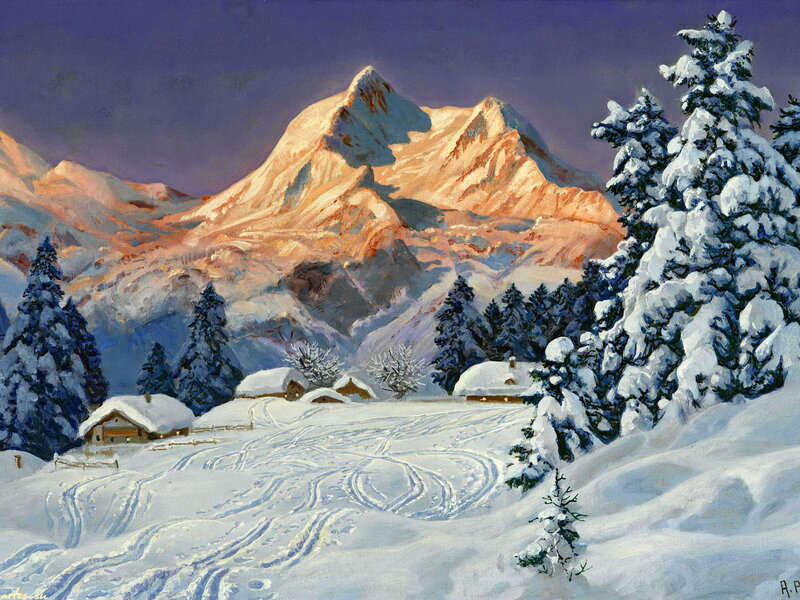 Snow-covered Mountain Village — White, Serene, Winter, Painting, Trees