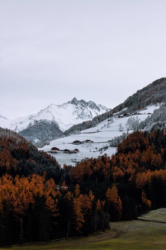 Snow-covered Mountain Village — White, Serene, Winter, Photograph, Mountains, Forest