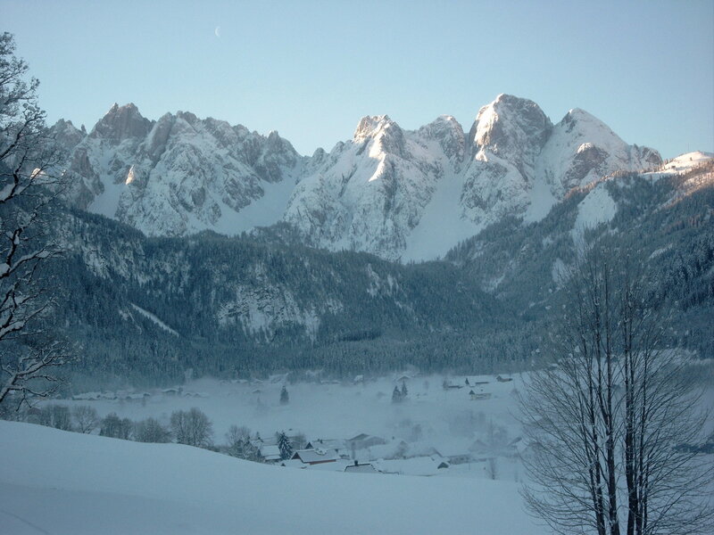 Snow-covered Mountain Village — White, Serene, Winter, Photograph, Mountains, Trees, Moon