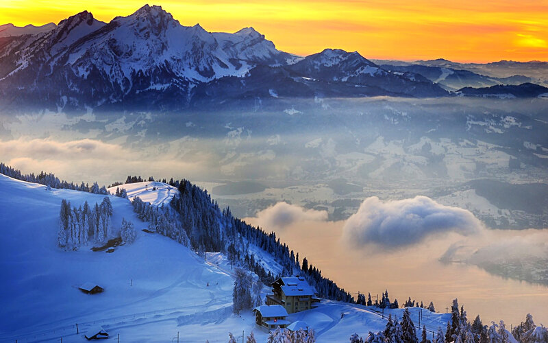 Snow-covered Mountain Village — Yellow