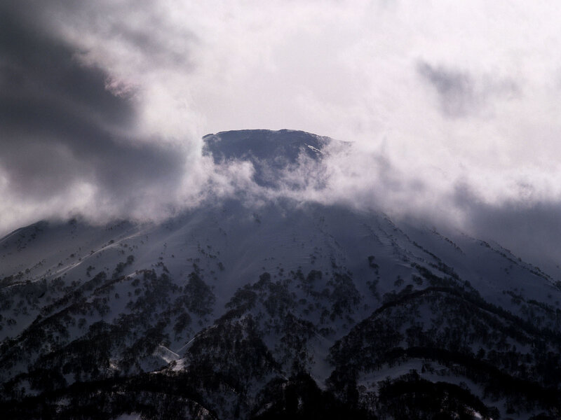 Snow-covered Mountain — White, Dramatic, Winter, Photograph, Clouds, Trees, Gray