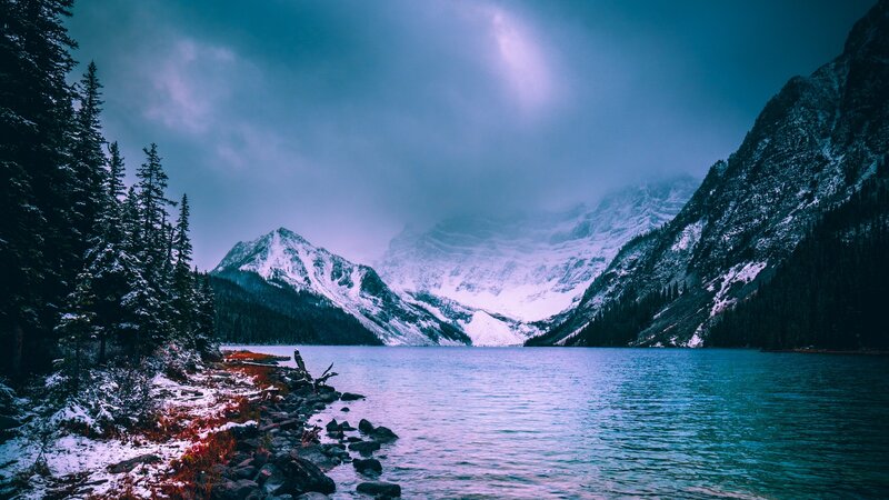 Snow-covered Mountains and Lake — Blue, Dramatic