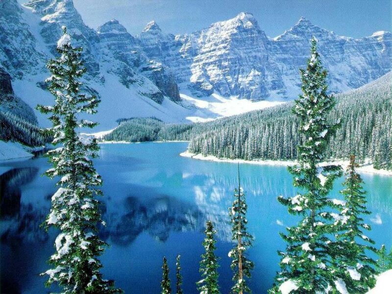 Snow-covered Mountains and Lake — Blue, Serene