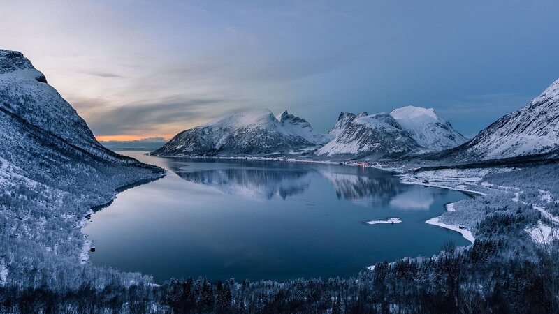 Snow-covered Mountains and Lake — Blue, Serene, Winter, Photograph, Forest