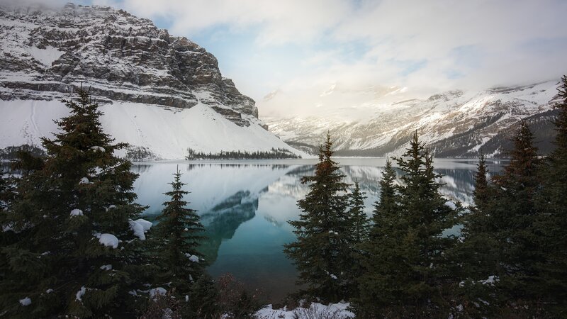 Snow-covered Mountains and Lake — Blue, Serene, Winter, Photograph, Pine Trees