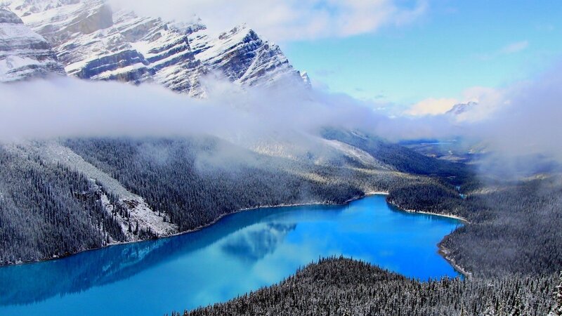 Snow-covered Mountains and Lake — Blue, Serene, Winter, Photograph