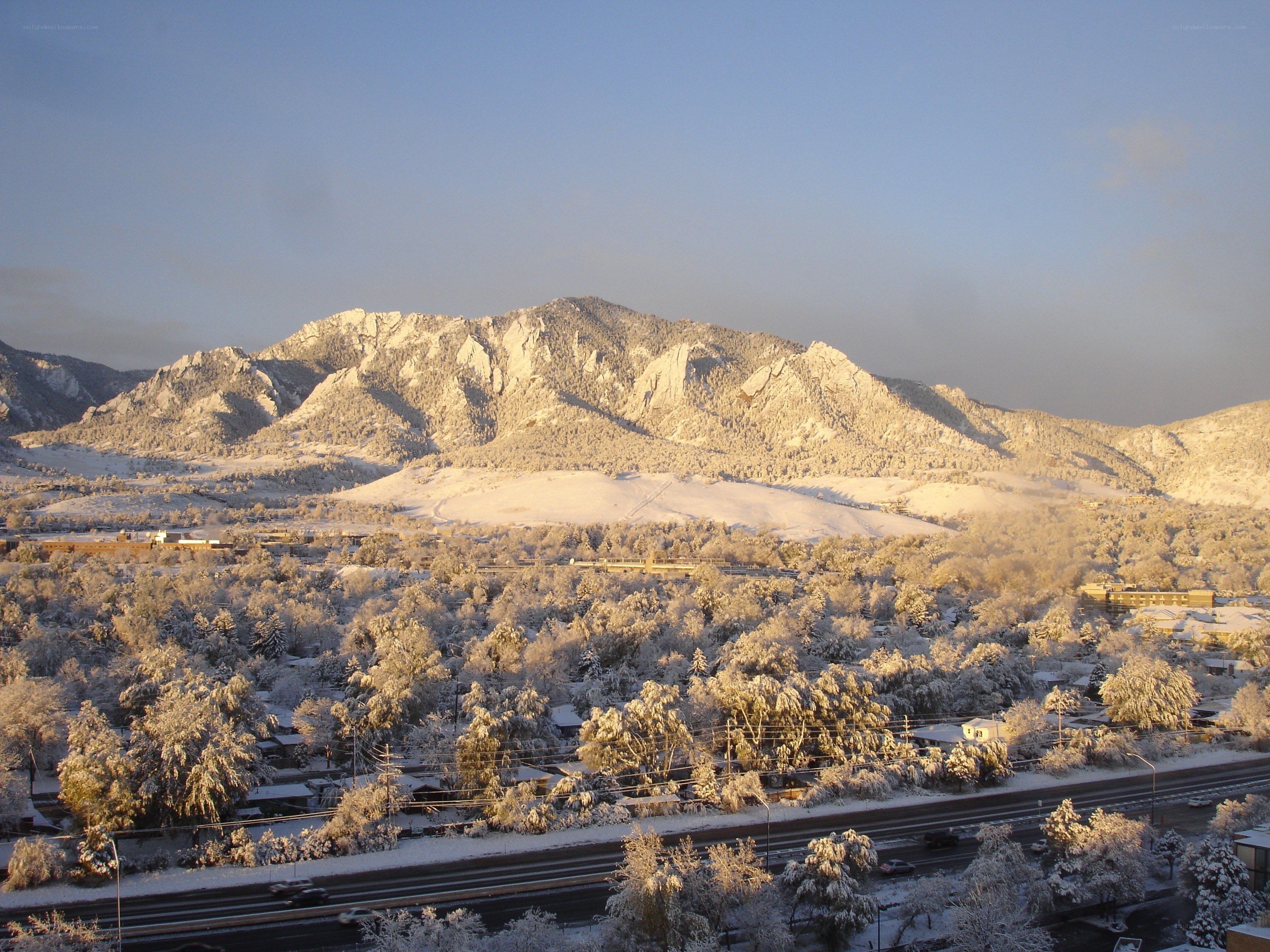 Snow-covered mountains and town