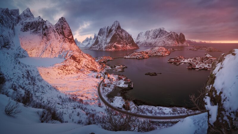Snow-covered Mountains and Village