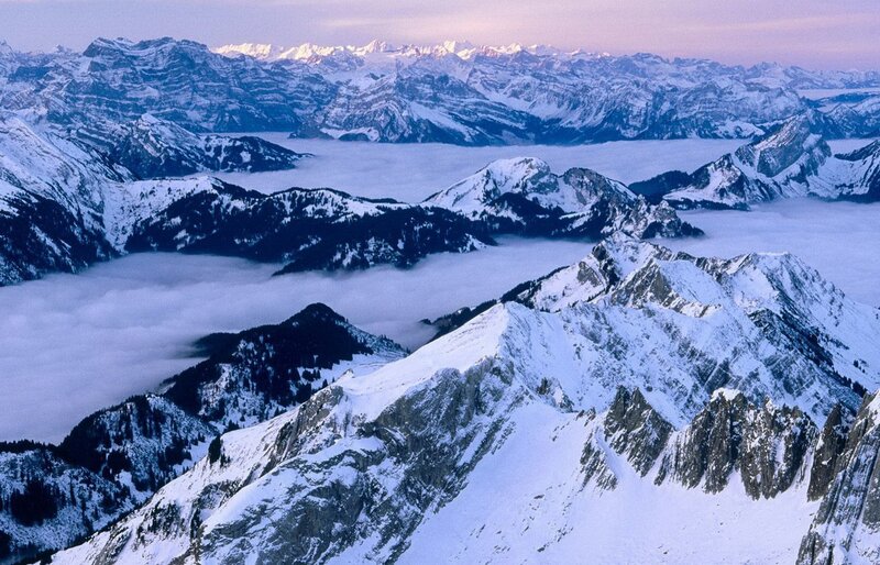 snow-covered mountains at dawn