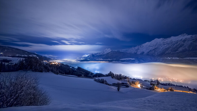 Snow-covered Mountains at Night — Blue, Serene, Photograph, Fog