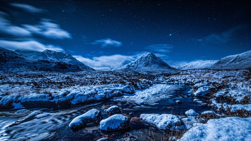 Snow-covered Mountains at Night — Blue, Serene, Photograph, River, Stars