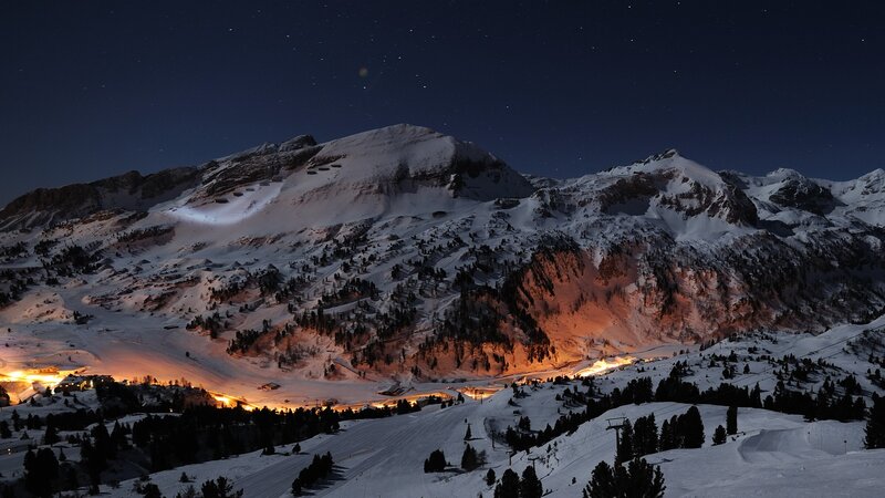 Snow-covered Mountains at Night — Blue, Serene, Photograph, Village