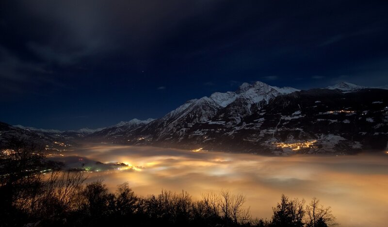 Snow-covered Mountains at Night — Blue