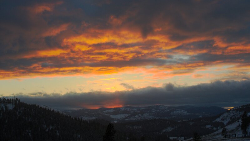 Snow-covered Mountains at Sunset — Orange, Dramatic, Photograph, Clouds