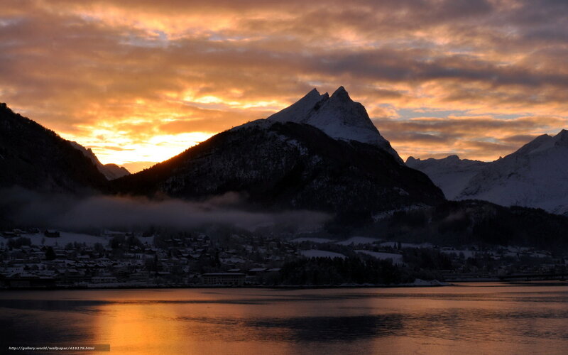 Snow-covered Mountains at Sunset — Orange, Dramatic, Photograph