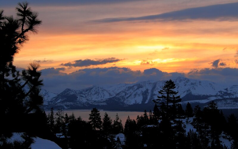Snow-covered Mountains at Sunset — Orange, Serene, Photograph
