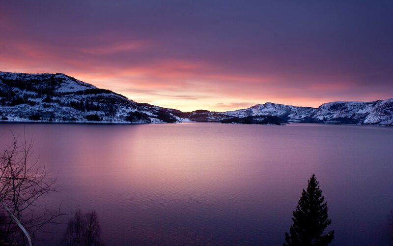 Snow-covered Mountains at Sunset — Purple, Serene, Photograph, Lake, Sky