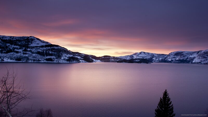 Snow-covered Mountains at Sunset — Purple, Serene, Photograph, Lake, Trees